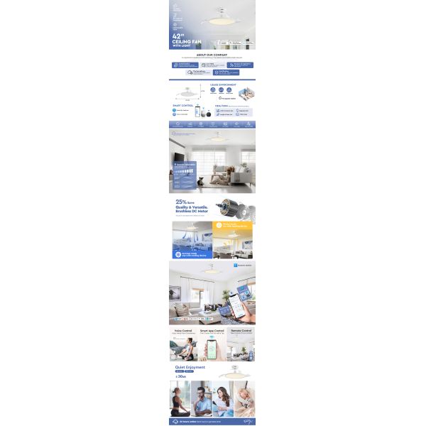 42 Inches Smart Led Ceiling Fan , Dc Motor Invisible Ceiling Fan For Bedroom