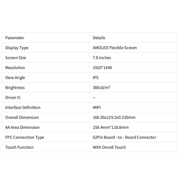 7.8 Inch Flexible Oled Touch Screen 1920*1440 MIPI With HDMI Board