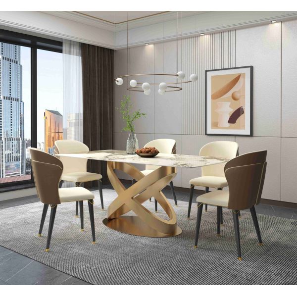 White Rectangular Stone Dining Table Chair Sets Bronze Pedestals