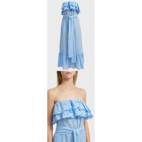 Women Blue Cotton Off Shoulder Floral Embroidery Ruffle Dress Women123456