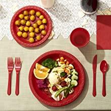 Red Plastic Dinnerware Set Plate Cup Napkin Cutlery Spoon Fork Knife Disposable Party Supplies Set