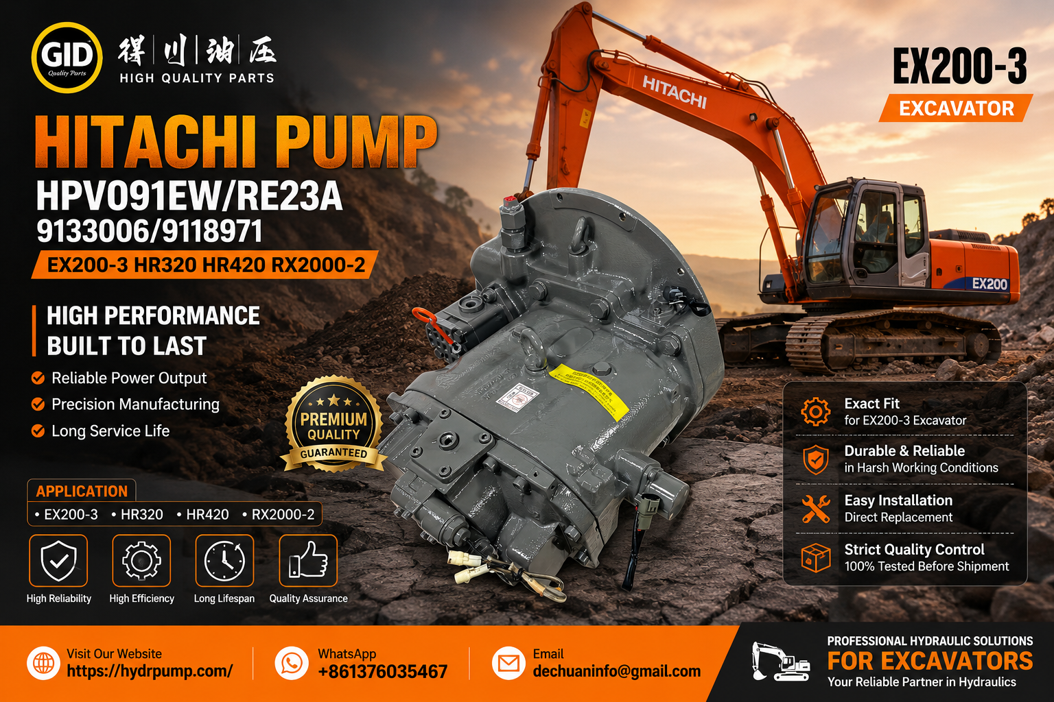 High Pressure High Efficiency Stable Operation Excavator Hydraulic Main Pump HPV102GW-25A for Hitachi ZX240-3G