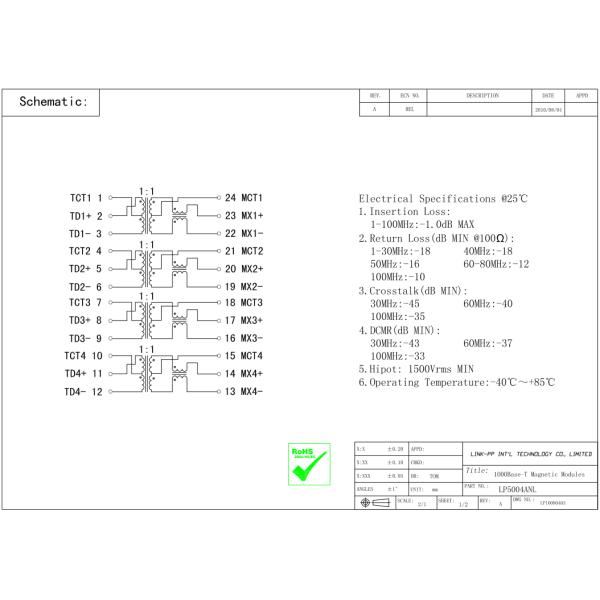 Gigabit TG1G-E001NZRL Lan Transformer IEEE 802.3ab Standard For Networking