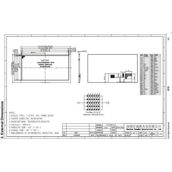 Waterproof 7.0 Inch IPS Panel Display 1024x600 Resolution All Viewing Direction