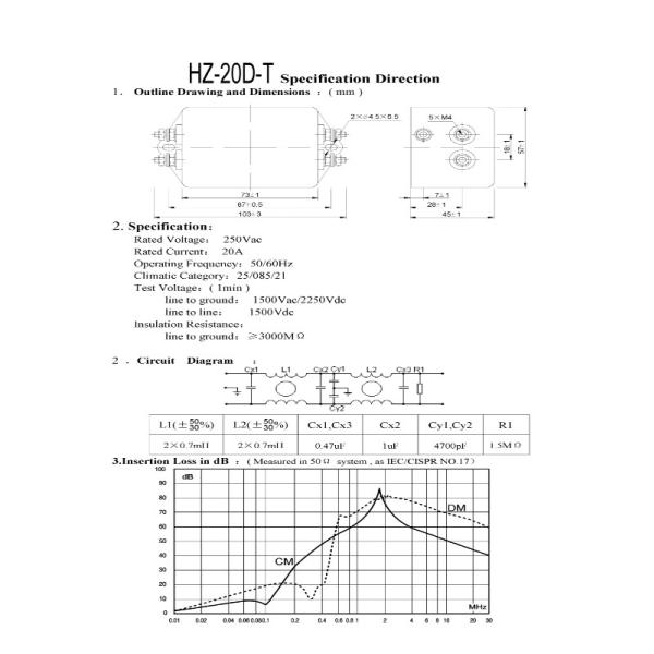 100vdc 250vAC Ac 20a Line Rfi Emi Noise Filter For Power Supply Two Stage