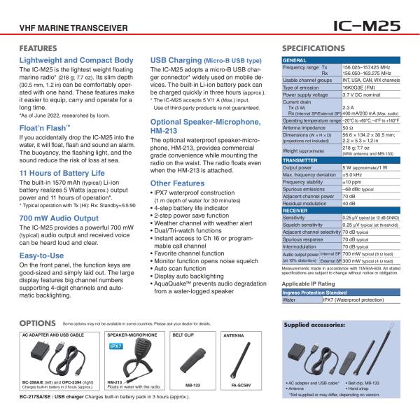 Icom C-M25 IPX7 Waterproof VHF Marine Transceiver with 16 Storage Channels and 1500mAh Battery Long Range Handheld Radio