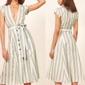 China Boho Ladies Sex Linen Stripe Midi Dresses With Pocket Dress for Women on sale