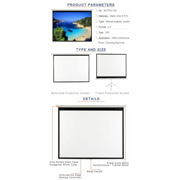 Manual Projector Screen With White Color Cold Rolled Steel Case