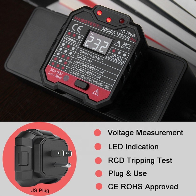 Plastic Black And Red EN61010-1 Check Plug Socket Tester