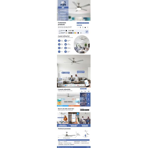 Smart Home 58 Inch Ceiling Fan with 5 MDF Blades and Remote Control 3 Color LED Light