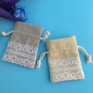 Quality Gift Packing Jute Drawstring Bag Wear Resistant With Lace Lightweight for sale