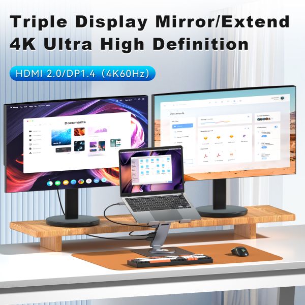 Originneo PCR100D+ Aluminum Adjustable Rotatable Laptop Hub Stand with 11-in-1 USB C Docking Station HDMI 4K@60Hz Minotor Expansion PD100W