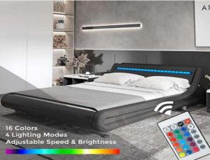 Quality Black Double Upholstered Bed Linen Fabric Platform Bed With LED Light for sale