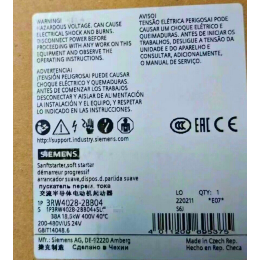 SIEMENS 3RW4028-2BB04 SIRIUS SOFT STARTER S0 38 A, 18.5 KW/400 V, 40 °C 200-480 V AC, 24 V AC/DC SPRING-TYPE TERMINALS