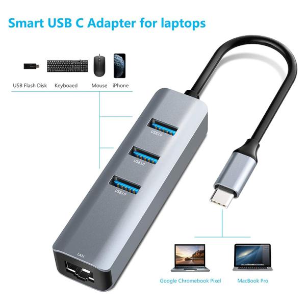 USB 3.1 Interface Type C To 9 Ports USB A 3.0 Adapter With RJ45 Gigabit Ethernet Network Card Gray