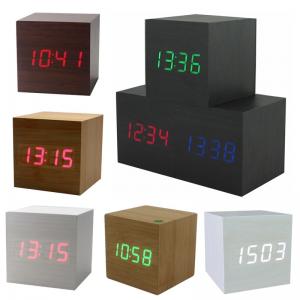Quality Hot USB/AAA Powered Cube LED Digital Alarm Clock Square Modern Sound Control Wood Clock Display Temperature Night Light for sale