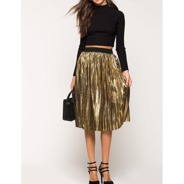 Knee Length High Waist Maxi Skirt Women Ladies Pleated Metallic Casual Design Fashion