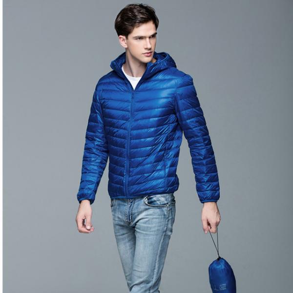 Buy new style small quantity solid color nylon/polyester winter mix size slim fit men goose feather jacket at wholesale prices