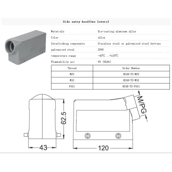 Connector protective hood, top cable entry with single button, side cable entry