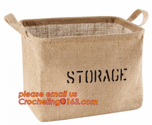 JUTE STORAGE BASKET WITH COTTON ROPE HANDLES,Burlap fabric jute toy storage basket for home storage organization bagease