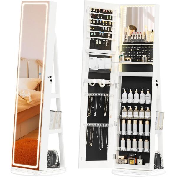 Rectangular Velvet-Lined Jewelry Mirror Cabinet with Wall Mountable Full Length Mirror and Spacious Storage