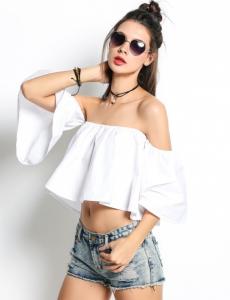 Quality Ladies Tops Latest Design Women Off Shoulder Flare Sleeve Ruffles Solid Crop Tops for sale