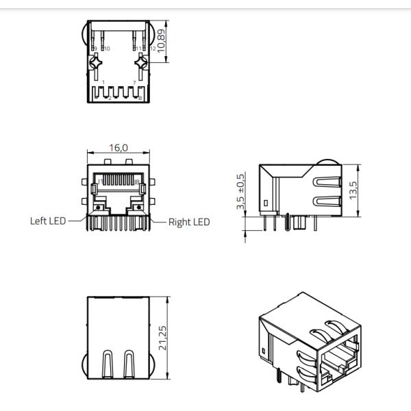Tab down non-PoE RJ45 Connector with integrated transformer 7499011121A