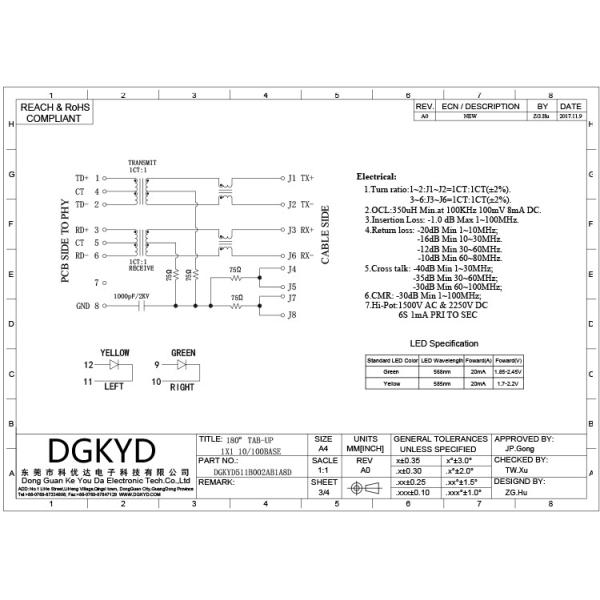 DGKYD511B002AA1A8D 180 Degree RJ45 Connector 8PIN With Lamp And Shielded Socket