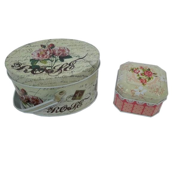 Flower Print Small Tin Containers For Candy Packaging / Tinplate Handle Tin Boxes
