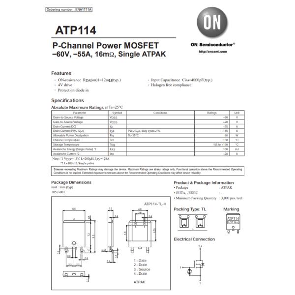 ATP114-TL-H Diode Transistor P-Channel Mosfet 60 V 55A Ta 60W Tc Surface Mount ATPAK