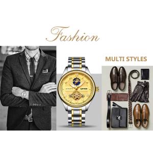 Buckle Clasp Skeleton Mechanical Watch Gold Dial Moon Phase 3 Pointers