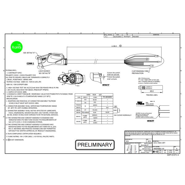 UL Listed IP67 CCS Type 1 EV Charging Cable 350A 1000V