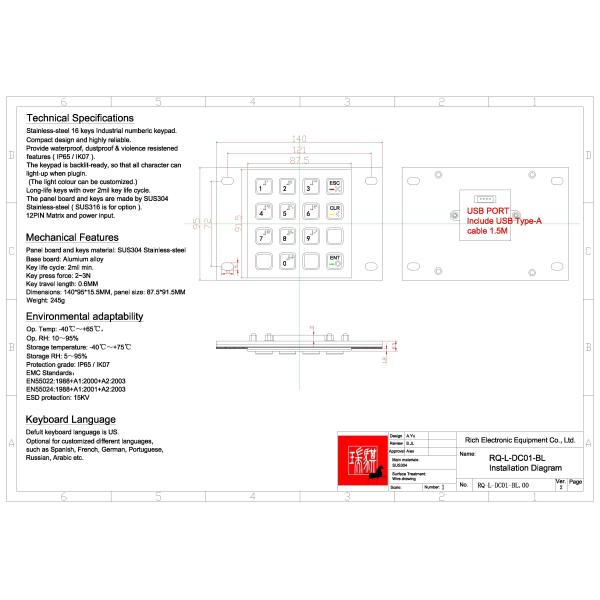 IP65 / IK07 Waterproof USB interface Stainless Steel 16 Keys Backlit Keypad Industrial Numeric Keypad With Braille Rear Panel Mounted -40℃