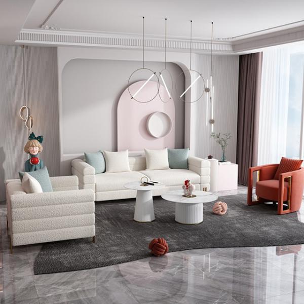 1 Plus 3 ODM White Modern Fabric Sofa Set Flannelette With Plush Cushions