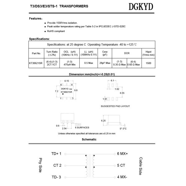 KT30621SR 100BASE-TX Ethernet Transformer Fast Ethernet Filter 6PIN
