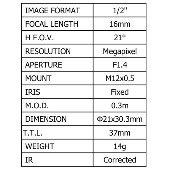 CCL121614MPR, 1/2" 16mm F1.4, Megapixel, IR Corrected S mount lens