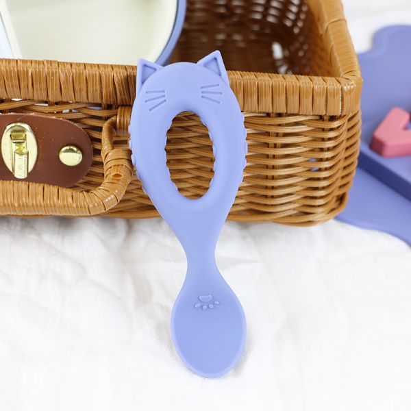 Cat Shape Silicone Tableware Set , Silicone Divided Cat Plate Cat shape spoon Non Toxic BPA Free