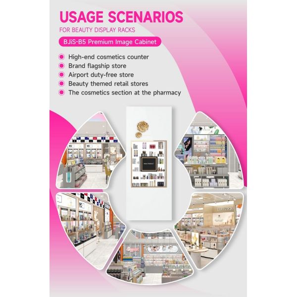 BJiS-B5 Golden Mirror Material Skincare Display Cabinet with LED Strip Lights for High-End Makeup