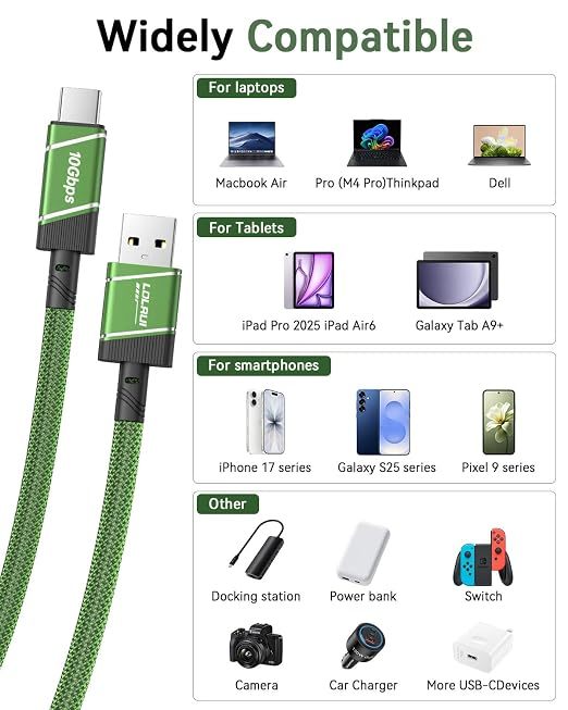 3Ft USB 3.2 Data Cable Green 30W Fast Charging Cable With High Speed Data Transfer