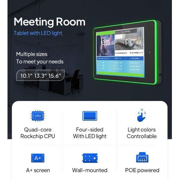 Conference Room Schedule Display Android Tablet with 13.3 Inch RK3399 CPU 16/32 GB ROM and 5.0M/P Camera