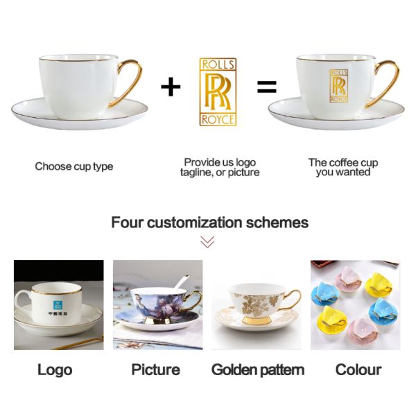 Wholesale customizable sublimation coated best selling Ceramic Bone China Mug with Saucer with golden rim