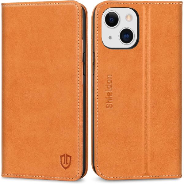 Leather wallet folding case Magnetic seal RFID blocking card slot holder Fully protected case compatible with iPhone 13