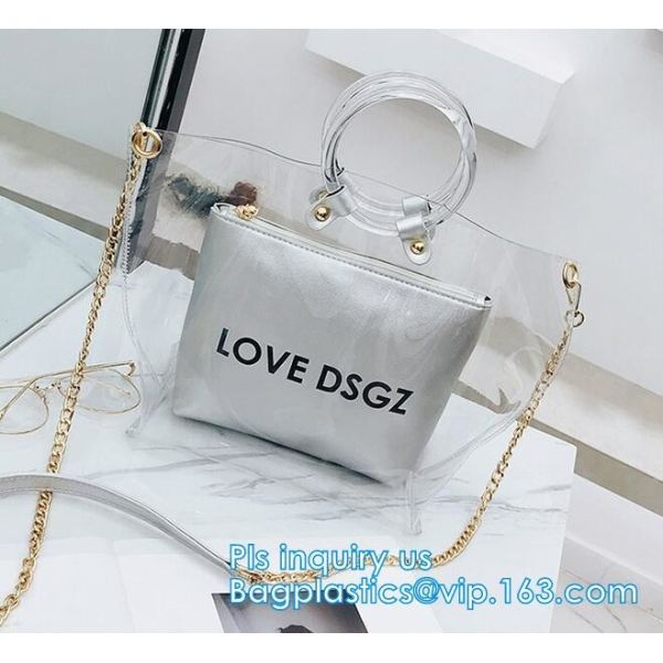 fashion women's handbag tote bag with zipper shopping bag ladies handbag shiny durable clear PVC lady bag with pouch