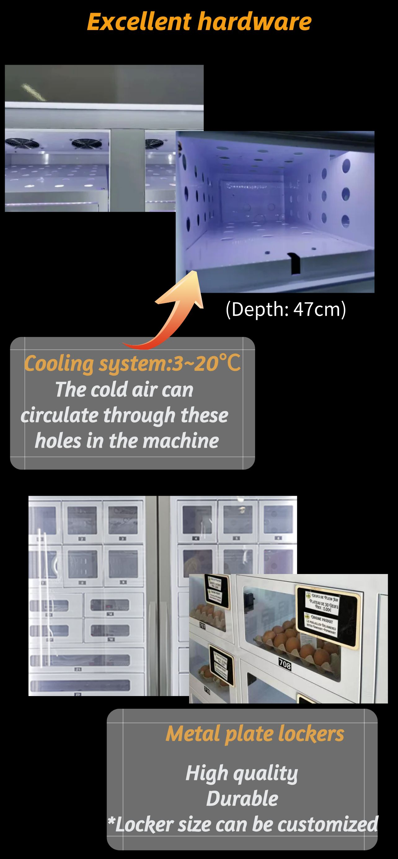 Micron smart egg vending machine is equipped with excellent hardware, we use high quality metal plate and brand compressor, it's durable.