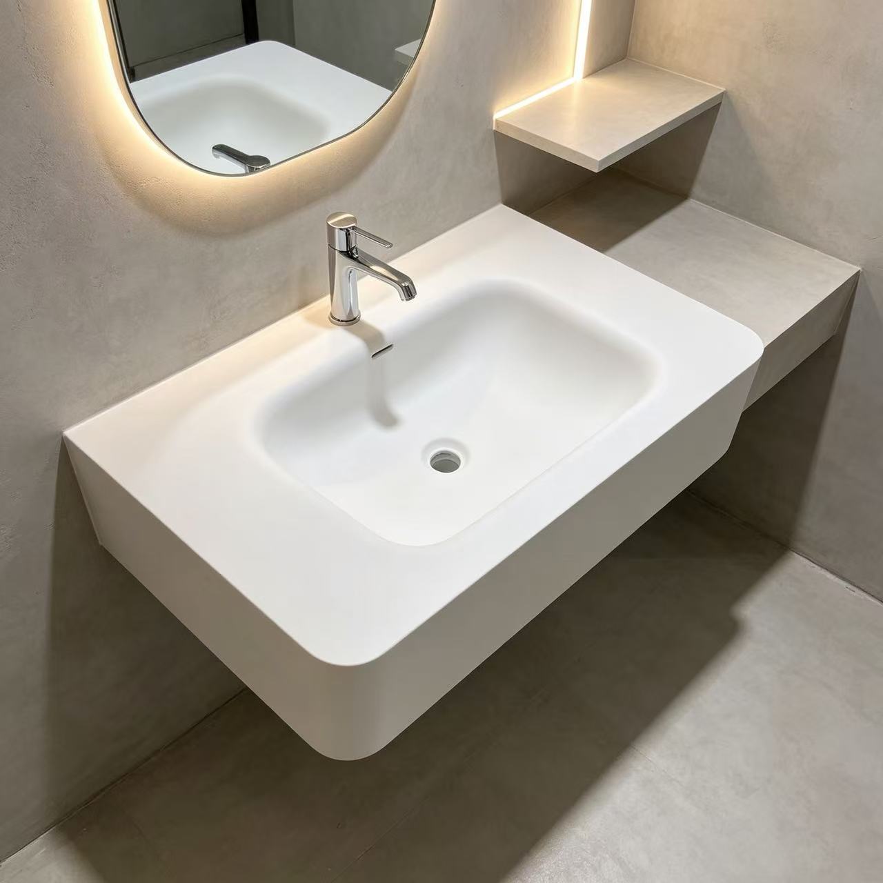 SOLID SURFACE INTEGRATED WALL HUNG VANITY SINK，SOLID SURFACE VANITY SINK, WALL HUNG INTEGRATED BATHROOM SINK, SEAMLESS ARTIFICIAL STONE BASIN,