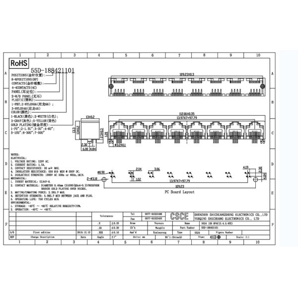 Plastic 180 Degree 8 Pin 1×8 RJ45 Modular Jack