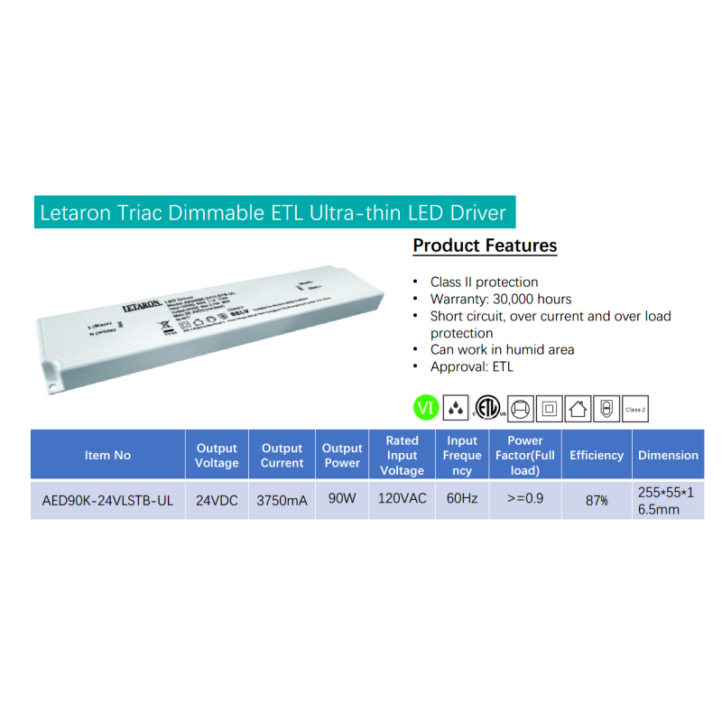 Verified Manufacturer ENEC SELV Low Profile LED Transformer for Custom OEM Letaron 90W Triac Dimmable LED Driver 120VAC to 24VDC Power Transformer for