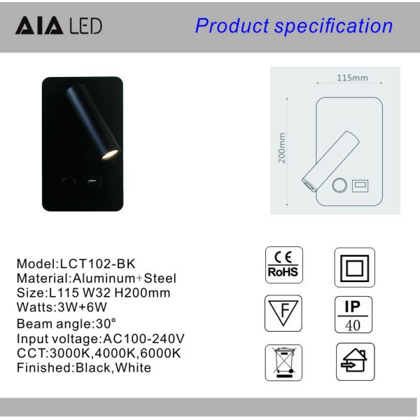 Dimmable switch bedside wall lamp bracket light hotel bedroom headboard reading lamps bed wall lamp