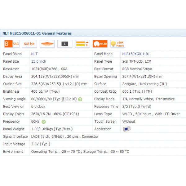 NEC LCD Panel 15" NLB150XG01L-01 XGA 400 cd/m2 Luminance ISO 9001 Certification
