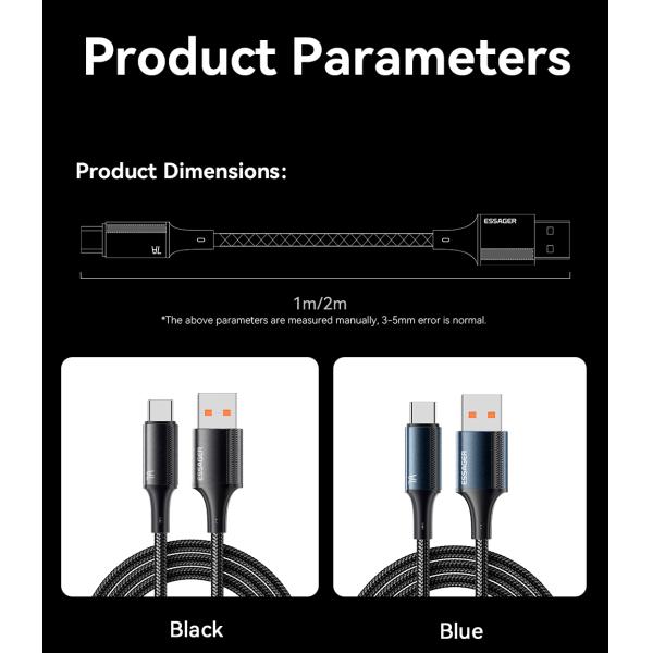 Aluminum Alloy Data Charging Cable USB C To USB A 100W 7A ESSAGER ES-X45 Series